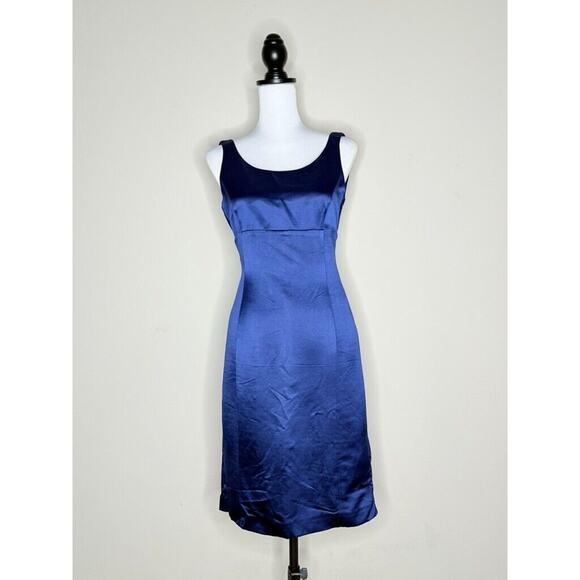 Armani Collezioni Italy VTG Blue Wool Sleeveless Sheath Midi Dress Sz 4 Sm Satin - Picture 2 of 9